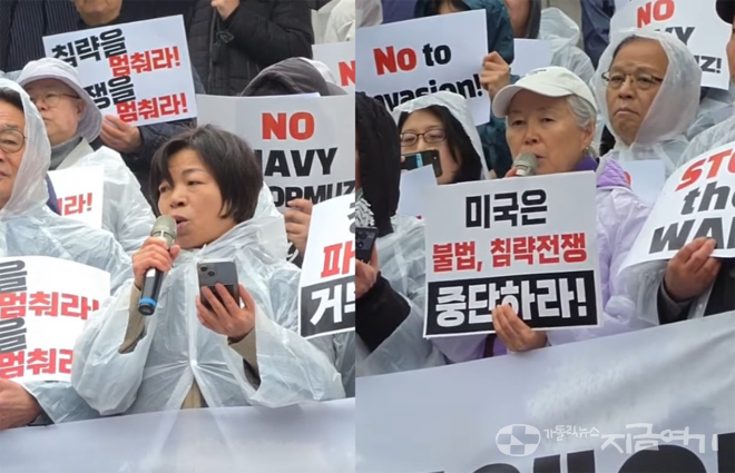 (왼쪽부터) 정영이 회장과 안김정애 대표가 전쟁의 고통은 사회적으로 가장 취약한 이들에게 빠르고 가혹하게 전가된다고 역설했다. ⓒ이민기 기자